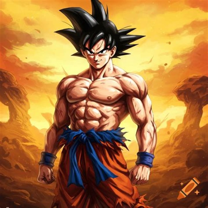 Goku is standing shirtless next to two other Dragon Ball characters.